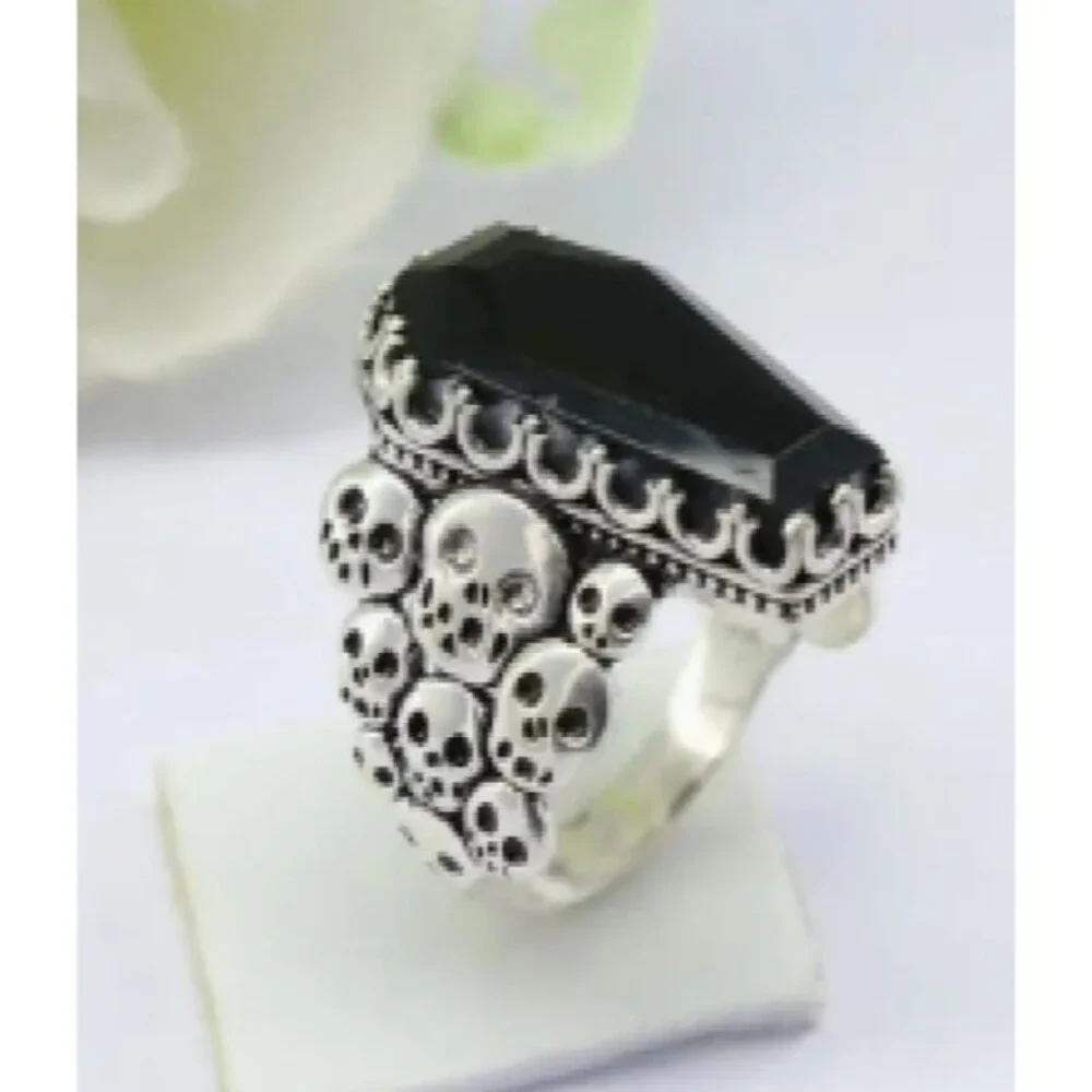Mens Black Casket Coffin Skulls Ring 8 Crystal Eyes Women